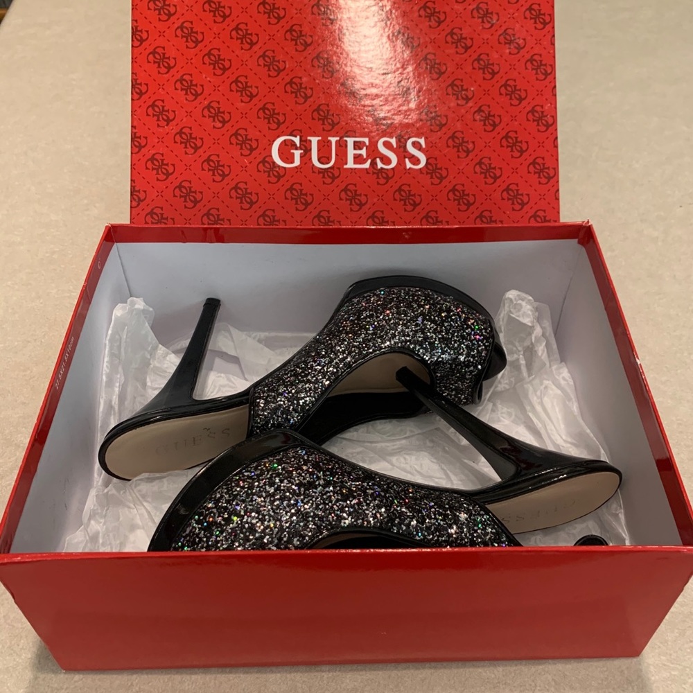 EUC GUESS Black Sparkle Peep Toe Slingback Heels